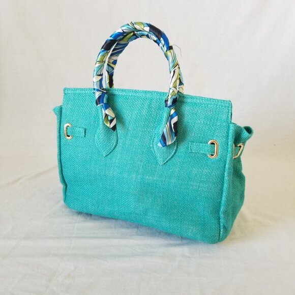 NWOT! Woven Jute Tote Handbag Purse with Scarf Handle and Lockable Front Straps - Picture 11 of 14